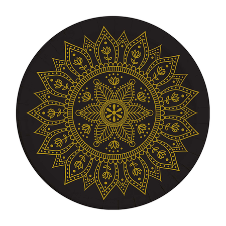 ZESTAW MANDALA CZARNO-ZŁOTE TALERZYKI KUBECZKI