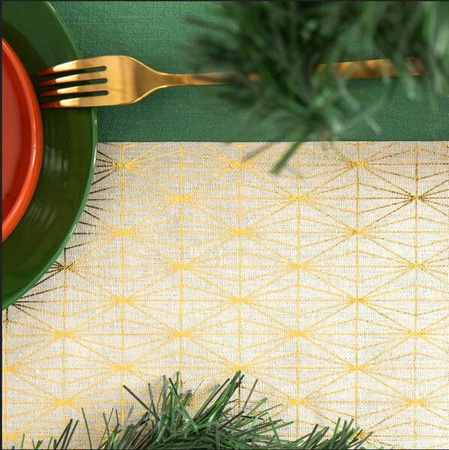 BIEŻNIK LNIANY ROMBY BEŻOWO-ZŁOTY 275x28 CM