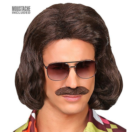 PERUKA Z WĄSAMI DISCO BRĄZ