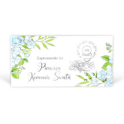 ZAPROSZENIA NA KOMUNIĘ NIEBIESKIE KWIATY 10 SZT. IHS