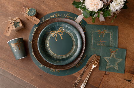 TALERZYKI PAPIEROWE ZŁOTA KOKARDKA CIEMNA ZIELEŃ 23 CM 10 SZT