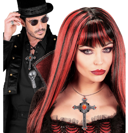 NASZYJNIK GOTYCKI KRZYŻ Z CZERWONYMI KAMIENIAMI