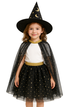 ZESTAW CZAROWNICY DZIECIĘCY PELERYNA+KAPELUSZ+SPÓDNICZKA