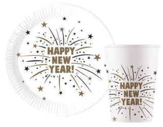 ZESTAW HAPPY NEW YEAR BIAŁE TALERZYKI+KUBECZKI
