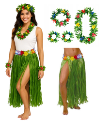 ZESTAW: SPÓDNICA HAWAJSKA ZIELONA + ZESTAW HAWAJSKI: OPASKA, NASZYJNIK I  BRANSOLETKI ZIELONE