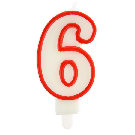 ŚWIECZKA URODZINOWA BIAŁA CYFRA 6 OBWÓDKA CZERWONA