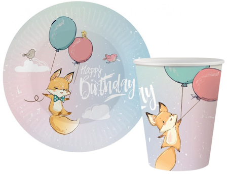 ZESTAW HAPPY BIRTHDAY - LISEK TALERZYKI + KUBECZKI 