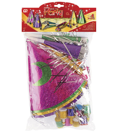 Pk 12 "HOLOGRAPHIC PARTY SET" for 4 persons (4 hats, 2 sounding trumpets, 2blowpipes, 40 paper balls, 8 champagne poppers)