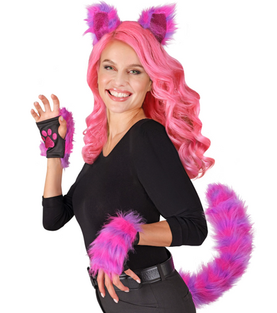 ZESTAW KOTA NEONOWY RÓŻOWY USZY OGON RĘKAWICZKI