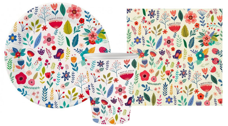 ZESTAW SUMMER - HAVE FUN KOLOROWE KWIATKI TALERZYKI+KUBECZKI+SERWETKI 