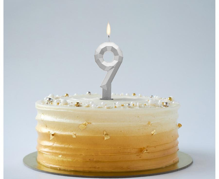 ŚWIECZKA CYFRA 9 DIAMENT METALIK SREBRNY 7,6 CM