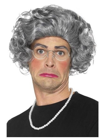 ZESTAW BABCIA PERUKA+OKULARY+PERŁY