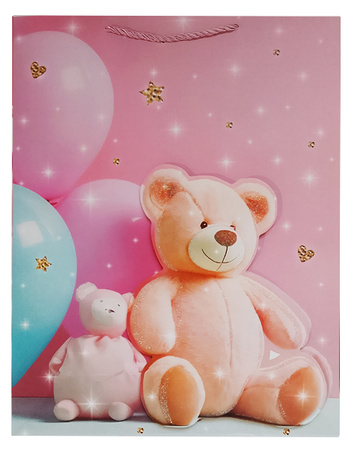 TORBA PREZENTOWA MISIE Z BALONAMI RÓŻOWA 40 X 30 X 12 CM 