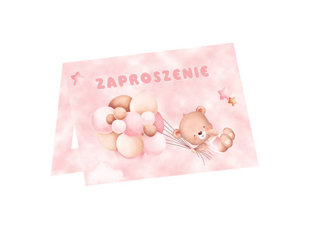 ZAPROSZENIA RÓŻOWE MISIE Z BALONIKAMI 6 SZT
