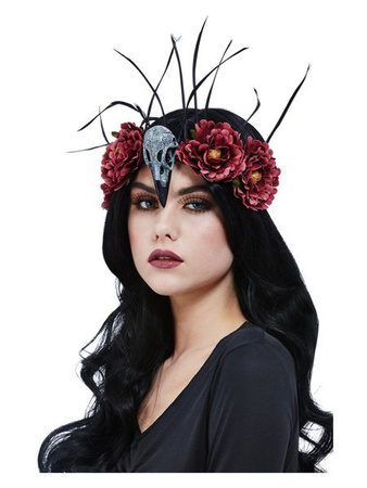 OPASKA NA GŁOWĘ CZASZKA PTAKA KWIATY PIÓRA.