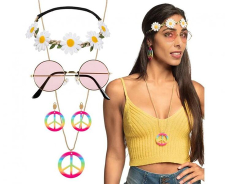 Zestaw Hippie deluxe (opaska, okulary, kolczyki, naszyjnik)