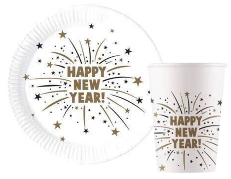 ZESTAW HAPPY NEW YEAR BIAŁE TALERZYKI+KUBECZKI
