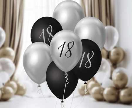 BALONY SREBRNO CZARNE 18 STKA 7 SZT 30 CM