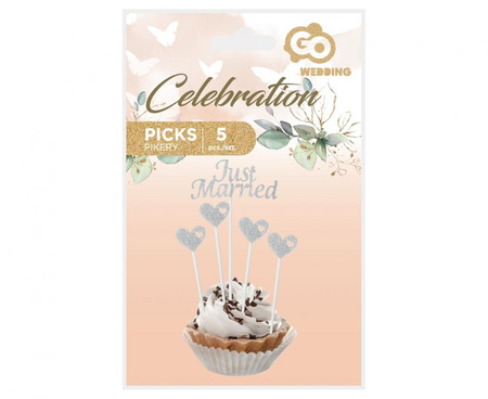 Pikery Just Married do babeczek weselne srebrne brokatowe 5 szt wesele ślub