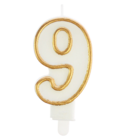 ŚWIECZKA URODZINOWA BIAŁA OBWÓDKA ZŁOTA CYFRA 9