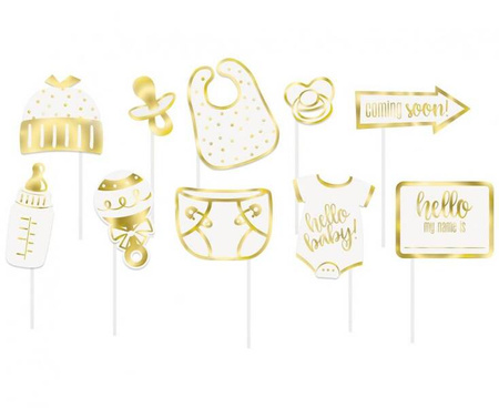 Rekwizyty do zdjęć Hello Baby złote 10 elementów baby shower 