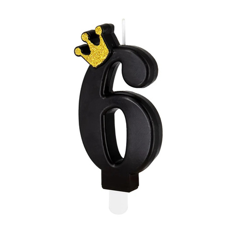 ŚWIECZKA URODZINOWA CYFRA 6 CZARNA Z KORONĄ 8,8 CM
