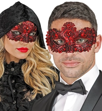 MASKA WENECKA CZERWONA Z KORONKĄ 