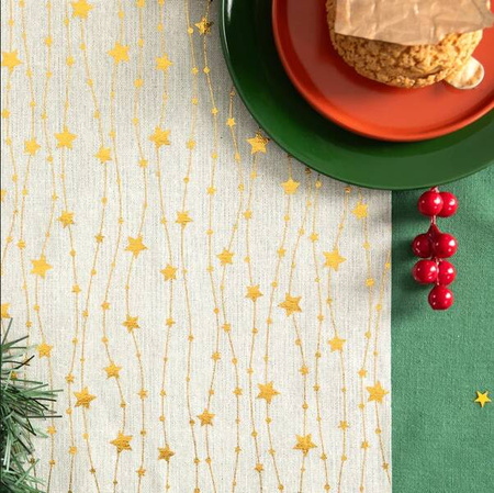 BIEŻNIK LNIANY GWIAZDKI BEŻOWO-ZŁOTY 275x28 CM