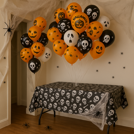 ZESTAW DEKORACJI HALLOWEEN: OBRUS CZASZKI + PAJĘCZYNA 60 G + PAJĄKI + ZESTAW BALONÓW 