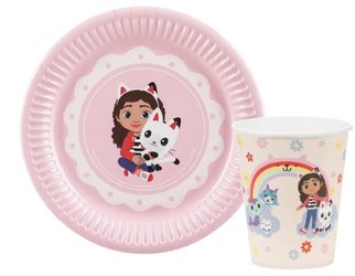 ZESTAW KOCI DOMEK GABI: RÓŻOWE TALERZYKI + BEŻOWE KUBECZKI