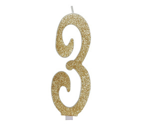 ŚWIECZKA URODZINOWA CYFRA 3 ZŁOTY BROKAT 12 CM