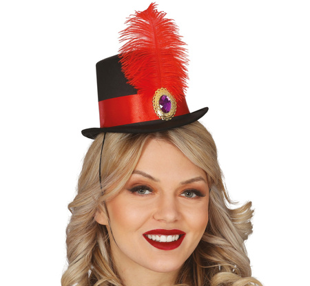 CZARNO CZERWONY KAPELUSIK Z PIÓRKIEM