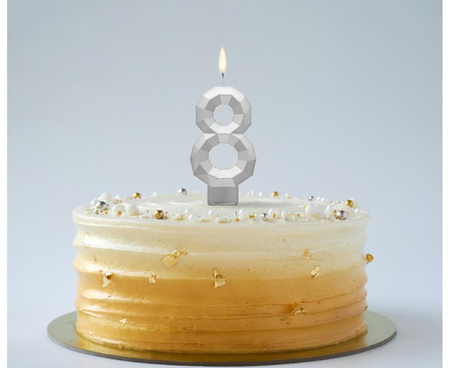 ŚWIECZKA CYFRA 8 DIAMENT METALIK SREBRNY 7,6 CM