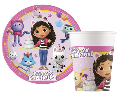 ZESTAW KOCI DOMEK GABI TALERZYKI+KUBECZKI