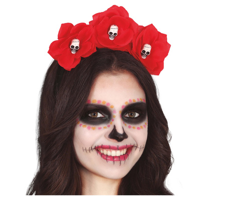 OPASKA CZERWONE KWIATY Z CZASZKAMI HALLOWEEN