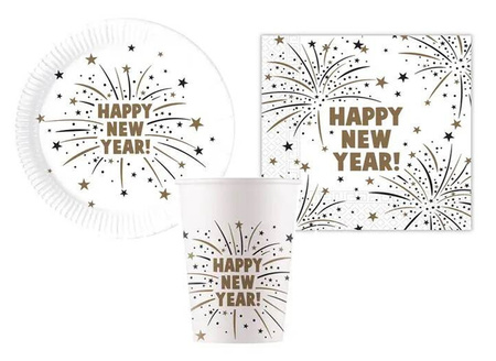 ZESTAW HAPPY NEW YEAR BIAŁY TALERZYKI+KUBECZKI+SERWETKI