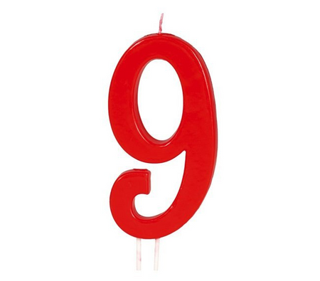 Swieczka Czerwona Cyfra 9, 12 cm