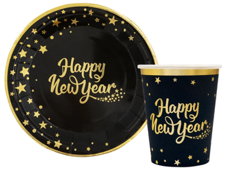 ZESTAW ZŁOTE GWIAZDY HAPPY NEW YEAR: TALERZYKI + KUBECZKI