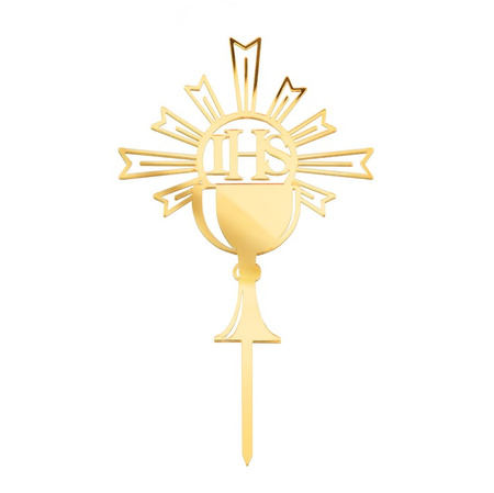 TOPPER NA TORT KOMUNIA ŚWIĘTA IHS KIELICH LUSTRZANY ZŁOTY 