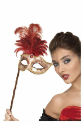 MASKA WENECKA CZERWONA Z PIÓRAMI BAROK