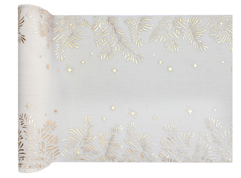 BIEŻNIK ŚWIĄTECZNY ZŁOTE GAŁĄZKI KOŚĆ SŁONIOWA KOKARDKA 27 X 250 CM