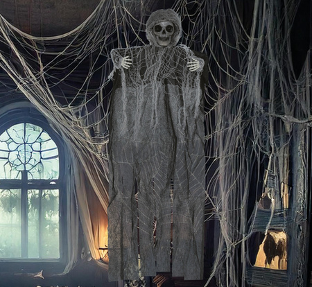 DEKORACJA WISZĄCY SZKIELETOR W TUNICE SZARO-CZARNY 60 CM HALLOWEEN