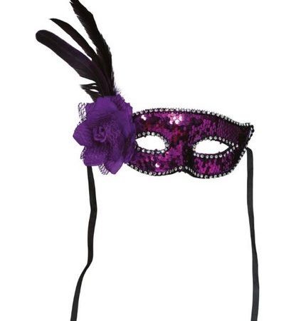 FIOLETOWA MASKA ​​Z CEKINAMI I PIÓRAMI