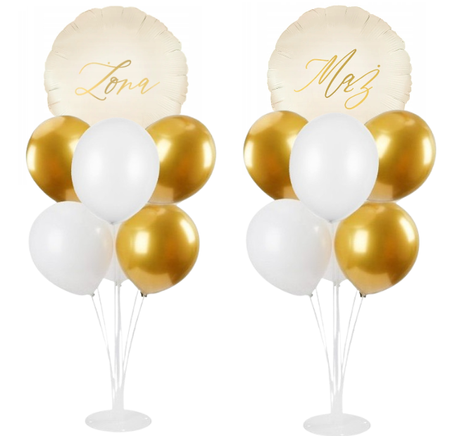 ZESTAW MĄŻ I ŻONA: 2 STOJAKI + 6 BALONÓW ZŁOTYCH + 6 BALONÓW BIAŁYCH + BALON MĄŻ + BALON ŻONA