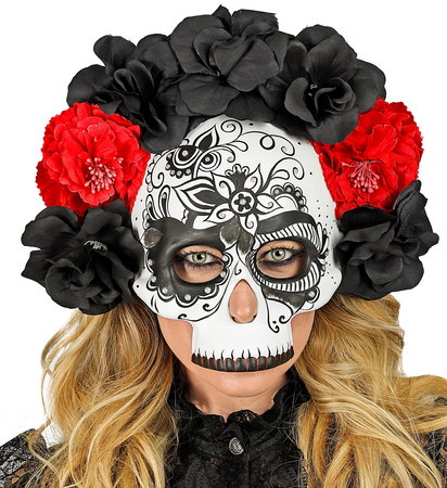 MASKA LOS MUERTOS CZARNO-CZERWONE KWIATKI