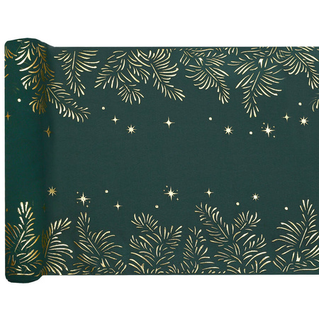BIEŻNIK ŚWIĄTECZNY ZŁOTE GAŁĄZKI CIEMNA ZIELEŃ KOKARDKA 27 X 250 CM