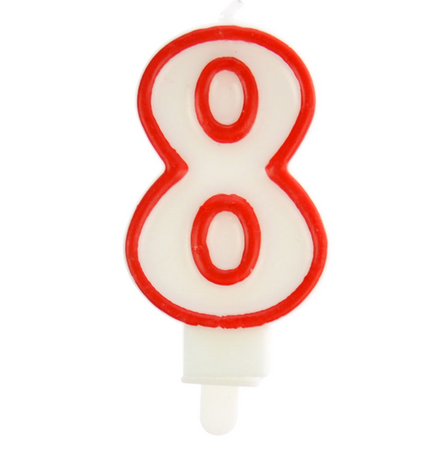 ŚWIECZKA URODZINOWA BIAŁA CYFRA 8 OBWÓDKA CZERWONA