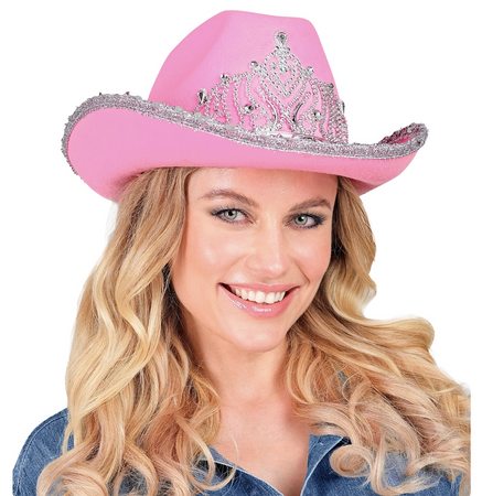 KAPELUSZ KOWBOJSKI RÓŻOWY Z SRERBNĄ TIARĄ