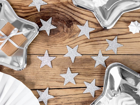 Dekoracje brokatowe Gwiazdka, srebrny, 5cm (1 karton / 50 op.) (1 op. / 8 szt.)