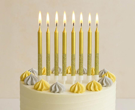 ŚWIECZKI METALICZNO BROKATOWE ZŁOTE 6 CM 8 SZT